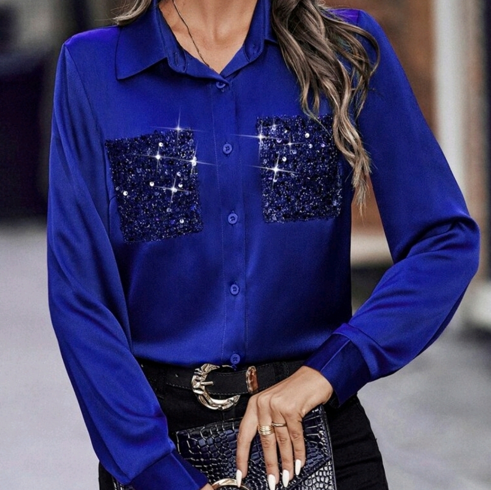SHEIN Royal Blue Sequin Button Down Shirt